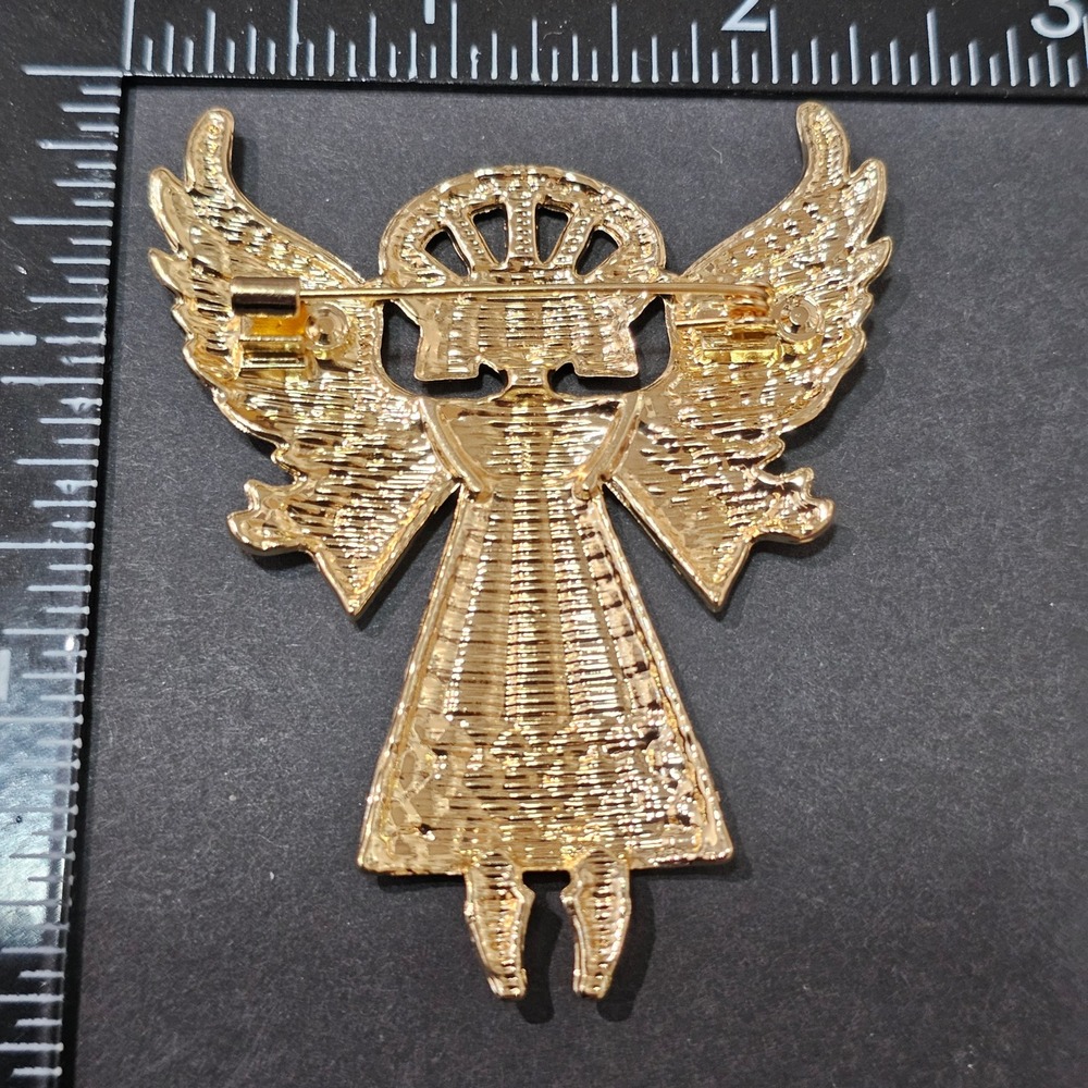 Angel Fairy Brooch Pin Green Enamel Stained Glass Mosaic Style Gold Tone Cottage - Picture 3 of 5